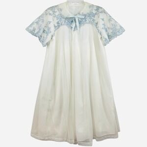 Vintage 1950s Odette Barsa Robe Peignoir Small Lace Blue Ribbon Nylon Boudoir